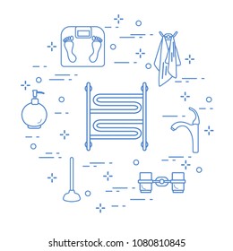 Bathroom elements:  scales, towel warmer, faucet, plunger, glasses, soap dispenser, towels. Design for poster or print.