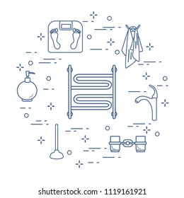 Bathroom elements:  scales, towel warmer, faucet, plunger, glasses, soap dispenser, towels. Design for poster or print.