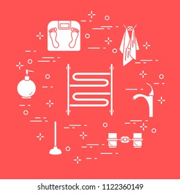 Bathroom elements:  scales, towel warmer, faucet, plunger, glasses, soap dispenser, towels. Design for poster or print.