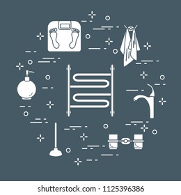 Bathroom elements:  scales, towel warmer, faucet, plunger, glasses, soap dispenser, towels. Design for poster or print.