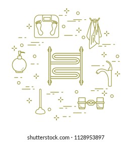 Bathroom elements:  scales, towel warmer, faucet, plunger, glasses, soap dispenser, towels. Design for poster or print.