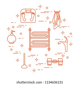 Bathroom elements:  scales, towel warmer, faucet, plunger, glasses, soap dispenser, towels. Design for poster or print.