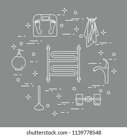Bathroom elements:  scales, towel warmer, faucet, plunger, glasses, soap dispenser, towels. Design for poster or print.