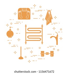 Bathroom elements:  scales, towel warmer, faucet, plunger, glasses, soap dispenser, towels. Design for poster or print.