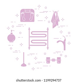 Bathroom elements:  scales, towel warmer, faucet, plunger, glasses, soap dispenser, towels. Design for poster or print.