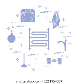 Bathroom elements:  scales, towel warmer, faucet, plunger, glasses, soap dispenser, towels. Design for poster or print.