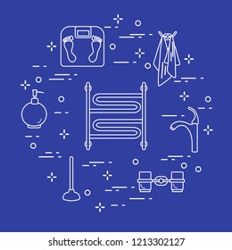 Bathroom elements:  scales, towel warmer, faucet, plunger, glasses, soap dispenser, towels. Design for poster or print.