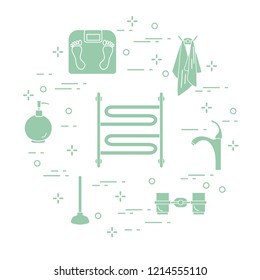 Bathroom elements:  scales, towel warmer, faucet, plunger, glasses, soap dispenser, towels. Design for poster or print.