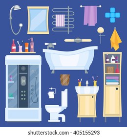 Bathroom elements set. Bathroom collection. Tub and shower, toilet and Cabinet, sink and mirror, lamps and towels. Vector flat illustration