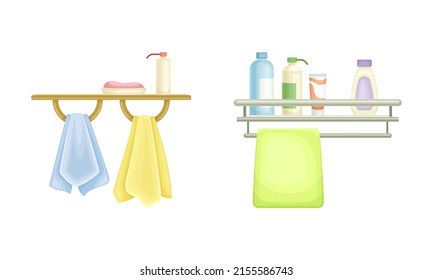 Bathroom elements set. Hanging towels and cosmetics cartoon vector illustration