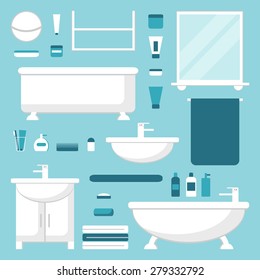 Bathroom elements set. Isolated bathroom furniture on background. Bathtub, washbasin, mirror, shelves, lamp, towel, bottles, shampoo, cream, toothpaste. Flat style vector illustration. 