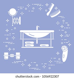 Bathroom elements: washbasin, faucet, glasses, razor, towels, mirror, combs. Bathroom interior design.
