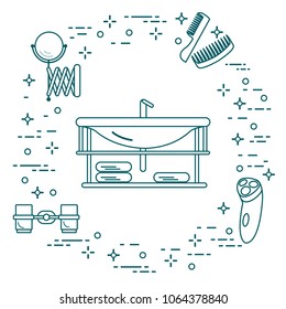Bathroom elements: washbasin, faucet, glasses, razor, towels, mirror, combs. Bathroom interior design.