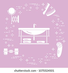 Bathroom elements: washbasin, faucet, glasses, razor, towels, mirror, combs. Bathroom interior design.