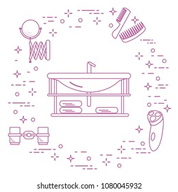 Bathroom elements: washbasin, faucet, glasses, razor, towels, mirror, combs. Bathroom interior design.