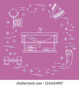 Bathroom elements: washbasin, faucet, glasses, razor, towels, mirror, combs. Bathroom interior design.