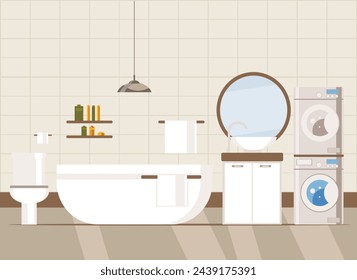 bathroom with equipment (bath, toilet, washbasin, mirror, shelves, towels, washing machine and dryer. flat vector illustration