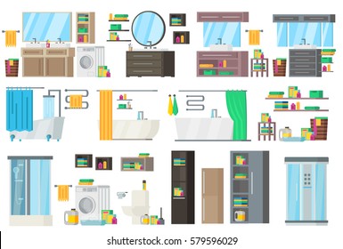 Bathroom equipment collection with accessories tools and different variants of interior design isolated vector illustration