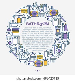 Bathroom equipment concept in circle with thin line icons. Hygiene, purity, beauty, plumber related icons. Vector illustration for banner, web page, print media. 