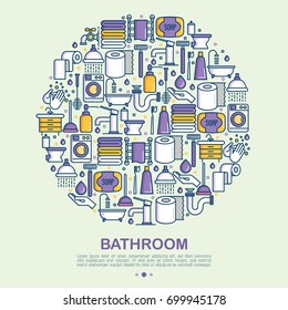 Bathroom equipment concept in circle with thin line icons. Hygiene, purity, beauty, plumber related icons. Vector illustration for banner, web page, print media. 