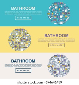 Bathroom equipment concept in half circle with thin line icons. Hygiene, purity, beauty, plumber related icons. Vector illustration for banner, web page, print media. 
