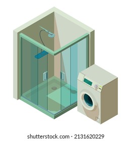 Bathroom equipment icon isometric vector. New shower cubicle and washing machine. Bathroom, modern interior, equipment