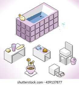Bathroom equipment including bathtub, rubber duck, towel, flip flops, soap and sponge (isometric illustration)