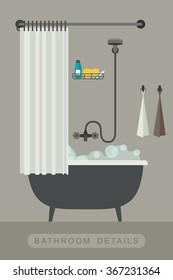 Bathroom equipment. Interior with bath in flat style. Vector illustration.