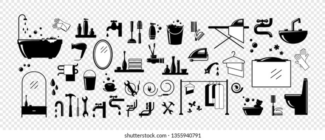 Bathroom equipment, repair, cleaning. Set for your design - banners, posters, placards, brochures, flyers etc. Eps10 vector illustration.