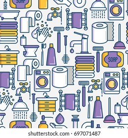 Bathroom equipment seamless pattern with thin line icons. Hygiene, purity, beauty, plumber related icons. Vector illustration for banner, web page, print media. 