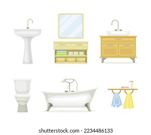 Bathroom equipment set. Sink, bathtub, mirror, toilet bowl and towels cartoon vector illustration