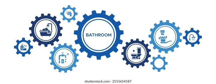 Bathroom Essentials Banner Vector Concept Featuring Icons of Bathtub, Shower, Faucet, Toilet Bowl, Soap, Toothbrush, and Toilet Paper