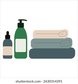 Bathroom essentials bundle, soft terry towels paired with shampoo, conditioner and body wash. Perfect for hotel amenities or home hygiene. Clean, fresh concept in isolated vector illustration.