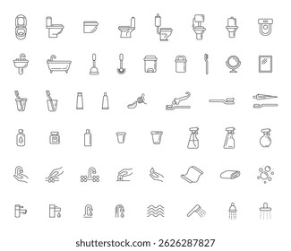 Ícones de linha de essenciais do banheiro. Conjunto de vetor minimalista mostrando higiene, encanamento elementos de limpeza. Ótimo para design, aplicativo ou site
