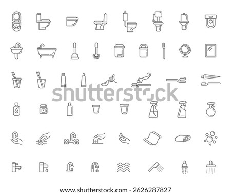 Bathroom essentials line icons. Minimalist vector set showcasing hygiene, plumbing  cleaning elements. Great for design, app or website