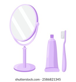 Bathroom essentials set icon. Round mirror, toothbrush, and toothpaste. Items for dental hygiene and personal grooming