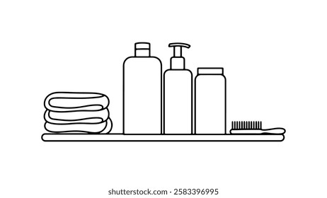 Bathroom essentials shelf. Bottles, towels, hairbrush. Hotel, spa, salon design. Simple line art, white background, top view.