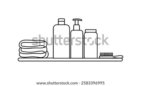 Bathroom essentials shelf. Bottles, towels, hairbrush. Hotel, spa, salon design. Simple line art, white background, top view.