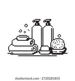 Bathroom essentials soap towels bottles and sponge in simple line art
