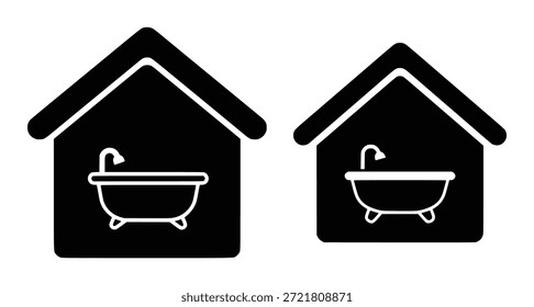 Bathroom Facilities and Home Interior Icons with Bathtub Inside House Silhouette Vector Design