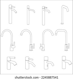 Bathroom faucet set, modern style, curve long and short water pipe, vector line 