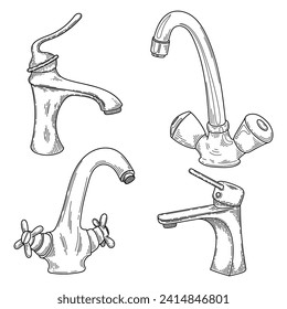 Bathroom faucet sketch set. Hand drawn line art illustration.