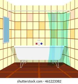 bathroom with faucet valve for hot and cold water in the middle of the bath