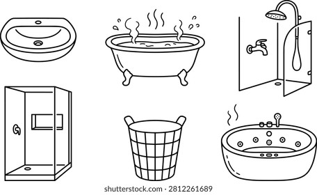 Bathroom fixture collection, sanitary ware outline icons, modern hygiene equipment, home interior vector illustration set