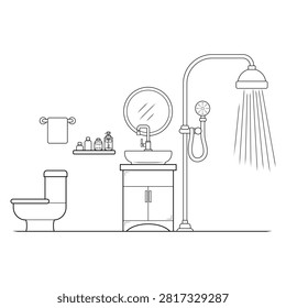 Bathroom Fixtures Outline Vector Set with Shower, Sink, Toilet, Mirror and Vanity Cabinet. 060