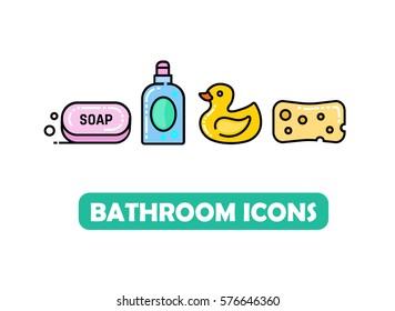 Bathroom flat bright outline icons with rubber duck, soap, shampoo, sponge