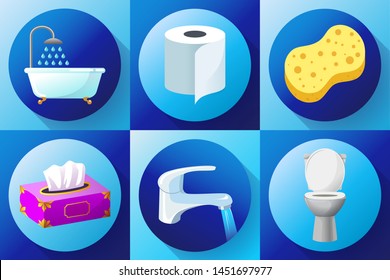 Bathroom flat colored icon set vector - Toilet, water tap, napkins, toilet paper, towels, shower, washcloth and bath sponge