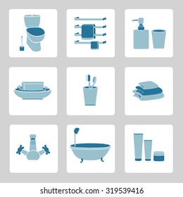 Bathroom flat icons set. Bathroom supplies in vector. Bathroom fitments: toilet, towels, bath tub, soap, brushes