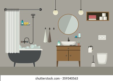 Bathroom flat illustration with furniture, toilet, sink and hygienic supplies. Vector banner of bathroom.