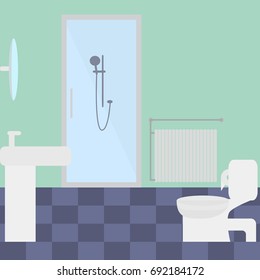 Bathroom, flat image, toilet bowl, sink, shower cubicle in vector